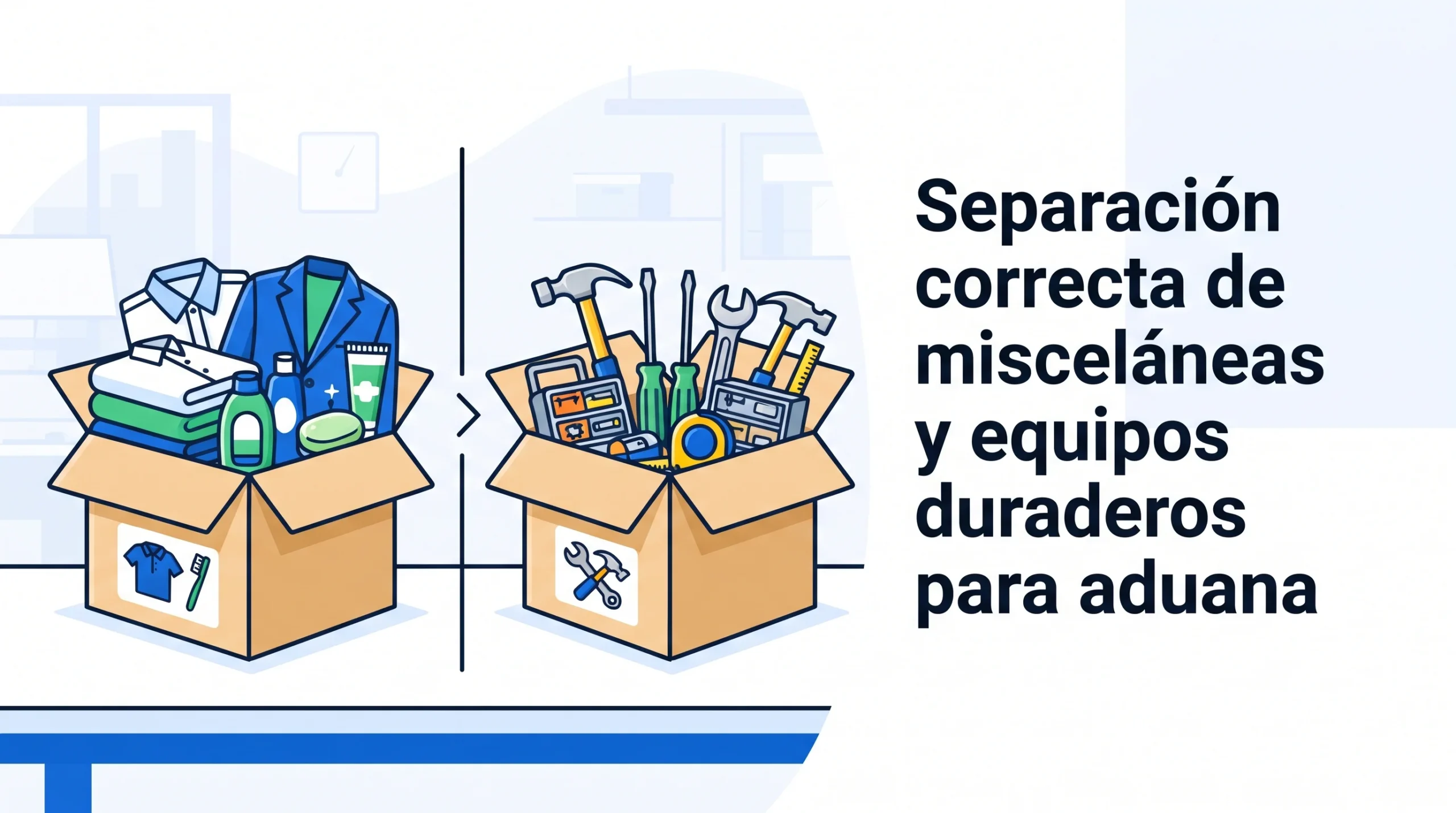 Separación correcta de misceláneas y equipos duraderos para aduana